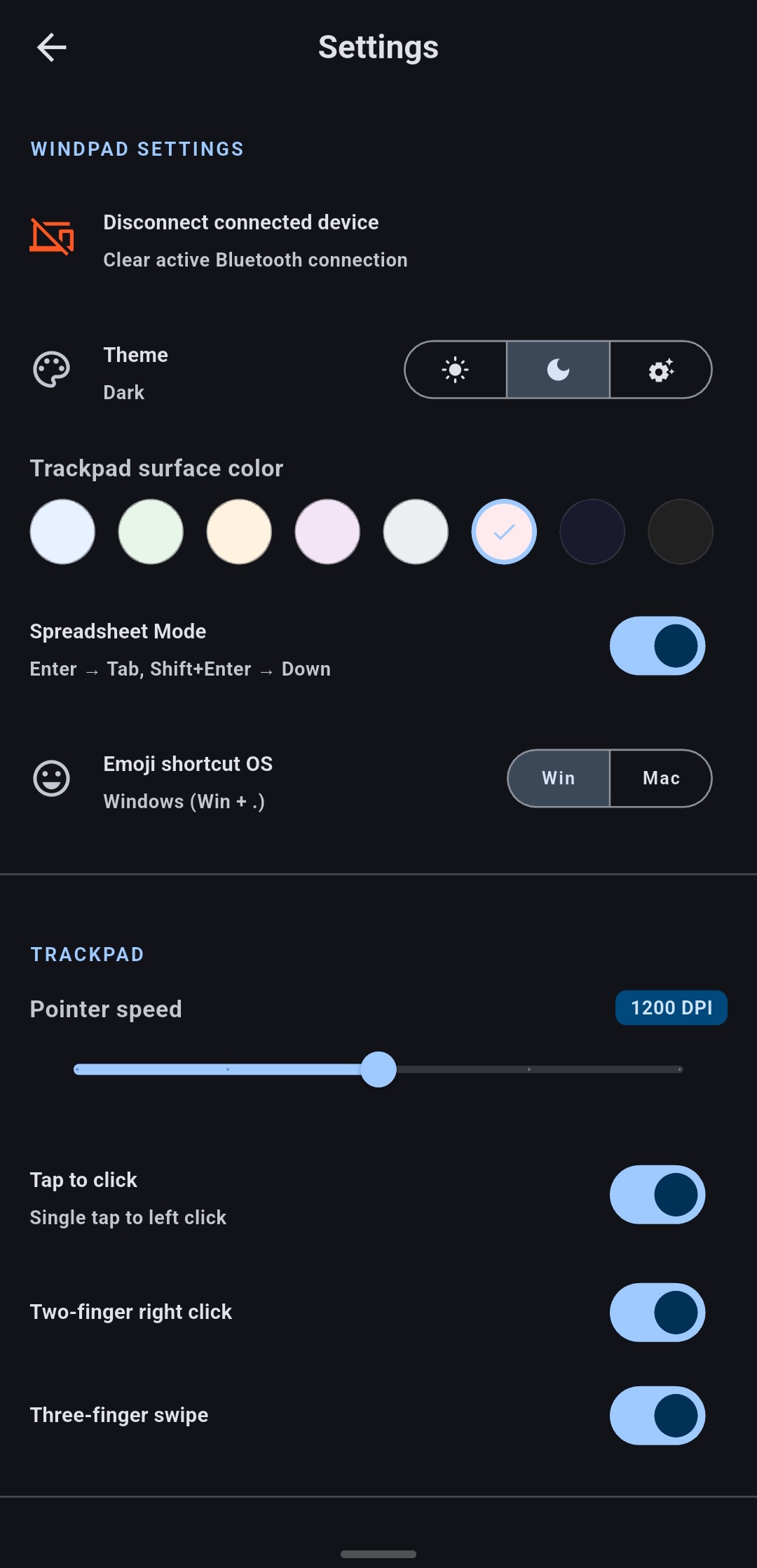 WindPad Settings Screen